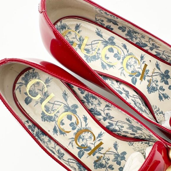 GUCCI Victoire Marmont GG Red Vernice Heel Size 37.5 Patent Leather Loafers - Picture 6 of 13